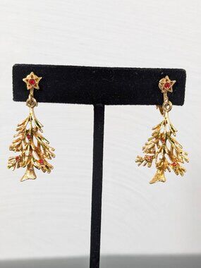 Vintage Gold Tone Red Rhinestone‎ Christmas Tree Star Dangle Earrings Clip On